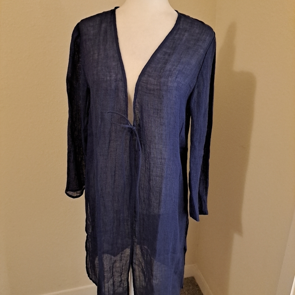 NWT Eileen Fisher Tie-Front Gauzy Organic Linen Jacket Sz XS Purple Blue
